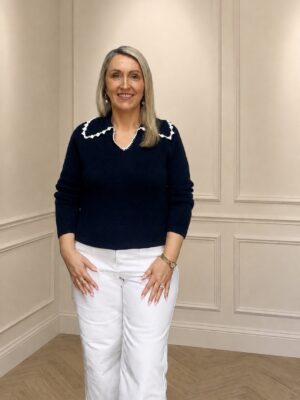 Navy Jumper with peter pan collar with white trim