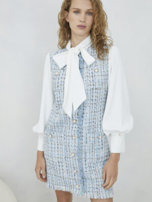 Jovonna London Mata Dress all-in-one tweed style dress with white tie-neck blouse top full view close up