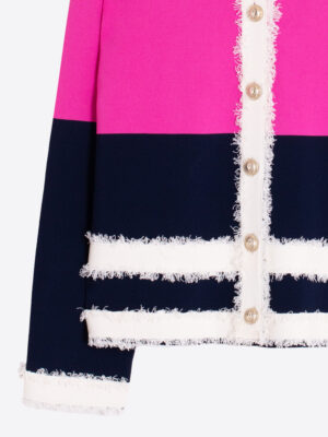 Vilagallo Fuchsia and navy cardigan with frayed trim Close up product