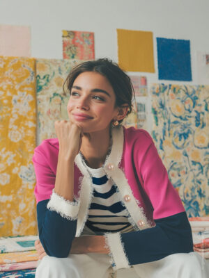 Vilagallo Fuchsia and navy cardigan with frayed trim and gold buttons