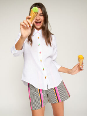 Vilagallo White Linen Shirt with embroidered ice cream details model shot