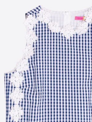 Vilagallo Navy Gingham Top with Applique Detail Close Up