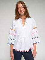 Vilagallo White Blouse with multicolour scallop detail Model Close Up