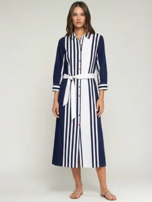 Vilagallo, Navy and white striped midi shirt dress with belt, Floral button detail on striped shirt dress