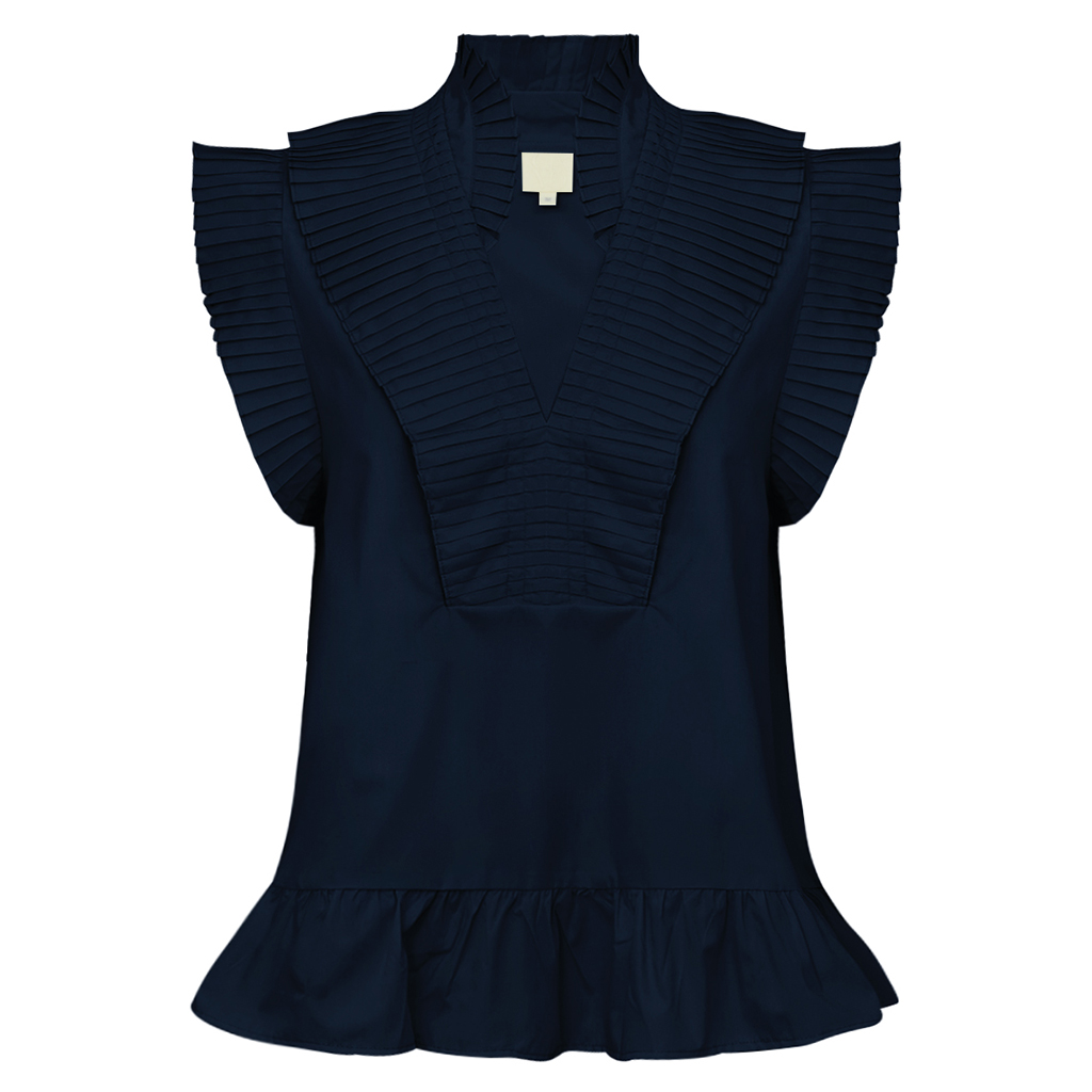 Gossia AnnGO Top - Navy -Product Image Navy GOSSIA AnnGO pleated ruffle top with feminine A-line silhouette