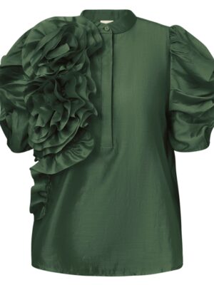 dusty green GOSSIA AnnsofiGO blouse with oversized floral appliqué detail and puff sleeves