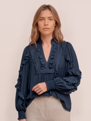 GOSSIA NanaGO dark navy ruffle blouse with feminine detailing and voluminous sleeves
