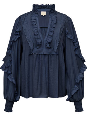 GOSSIA NanaGO dark navy ruffle blouse with feminine detailing and voluminous sleeves