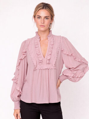 GOSSIA NanaGO pale pink ruffle blouse with feminine detailing and voluminous sleeves